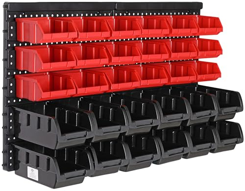 Monzana® Stapelboxen 32 tlg. Erweiterbar Etikettenfach Stabil Stoßfest Starke Wandplatten Wandregal Werkstattregal Werkzeuglochwand Kleinteilemagazin