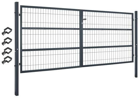V2Aox Gartentor Tor Gartenzaun Zaun 300x140 cm Doppelflügelig Gartentür aus Metall für Stabmattenzaun Abschließbar inkl. Pfosten Grau