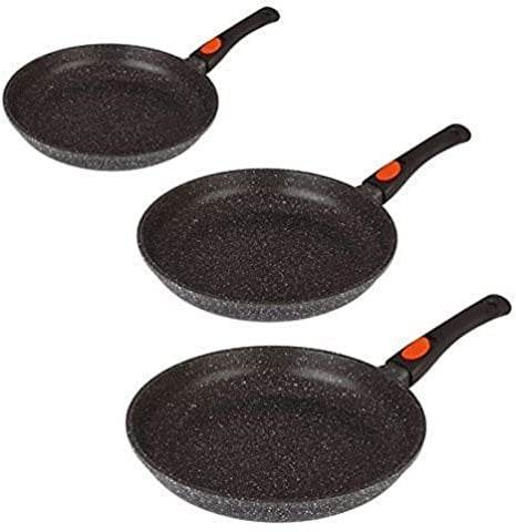 Kamberg – 0008019 – Set aus 3 Pfannen mit 20/24/28 cm – Abnehmbarer Griff – Aluminiumguss – Beschichtung in Steinoptik – Für alle Herdarten, auch Induktion – PFOA‑frei