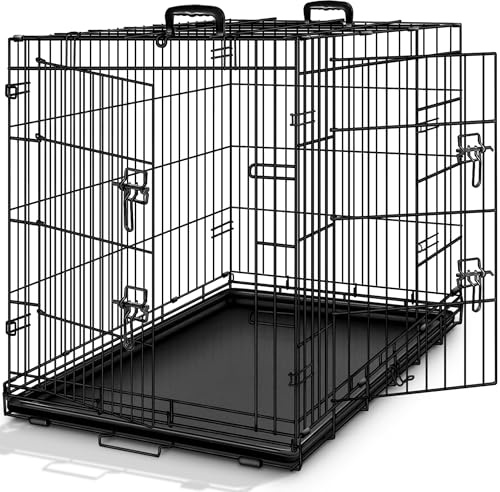 TRESKO® Hundekäfig 91 x 58 x 64 cm faltbar mit 2 Türen aus robustem Metall | Transportkäfig mit ausziehbarer Bodenschale | Hundebox für Auto, Reise, Zuhause & Tierarztbesuch | Transportbox Drahtkäfig