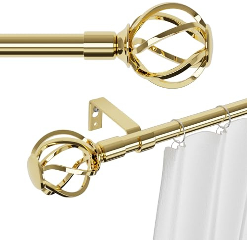 Gardinenstange Gold 300 cm Lang mit Gedrehten Käfigendstücken, Wandmontage Messing Gardinenstangen Set, Metall 16mm Gardinenstange 3m für Outdoor Wetterfest