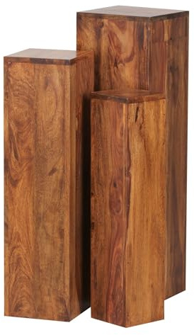 FineBuy Beistelltisch 3er Set Sheesham Massivholz Satztisch Quadratisch Modern, Säulentisch Pflanzentisch 3-teilig, Blumenständer Blumentisch Wohnzimmer, Pflanzenhocker Blumenhocker Dekosäule Braun