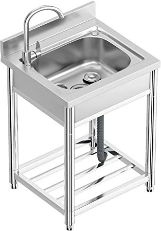 Vockol Freistehende Edelstahl Spültisch 1 Becken, 55 x 50 x 94 cm Gewerbliche Spülbecken mit Wasserhahn mit Kalt und Warmwasserschläuchen, Ablassvorrichtung, für Außen, Innen, Küche, Restaurant, Bar
