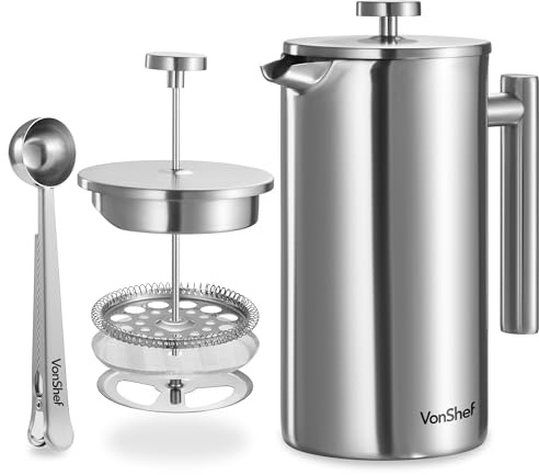 VonShef Kaffeepresse für 12 Tassen 1,5 L Edelstahl Cafetiere für Filterkaffee, Isolierte Doppelwandige Kaffeebereiter mit Schieber, Inkl. Messlöffel & Beutelverschluss, Spülmaschinengeeignet