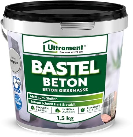 Ultrament Bastel Beton 1,5 kg Hellgrau | Beton-Gießmasse für kreative DIY-Projekte | wasserundurchlässig & frostbeständig für Innen & Außen