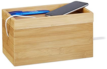 Relaxdays Kabelbox Bambus, mehrfach, kompakt, universell, praktisch, Natur | Kabelmanagement, H x B x T 14 x 25,5 x 14 cm