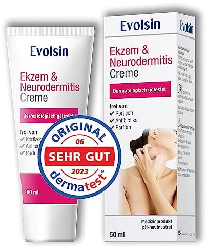Evolsin® Ekzem & Neurodermitis Creme I OHNE KORTISON I Lotion, Salbe für gereizte, trockene, juckende und irritierte Haut I Bei Juckreiz I dermatologisch getestet