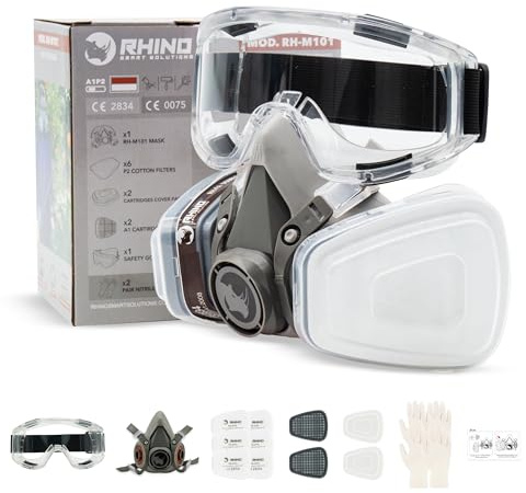 RHINO Smart Solutions Atemschutzmaske Gase Dämpfe | Gasmaske mit A1P2 Filter für Lackier, Feinstaub, Arbeitein, Schleifen | Staubmasken, Handschuhe, Schutzbrille, Patronen und Staubfilter