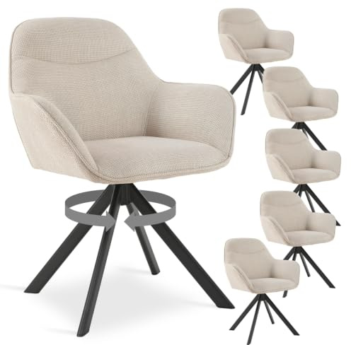 Goeurvant Esszimmerstühle Drehbar 6er Set mit Armlehne, 360° drehbar, Polsterstuhl Leinen, Drehstuhl Esszimmer Beige, Küchenstuhl mit Metallbeine für Esszimmer, Wohnzimmer, Büro