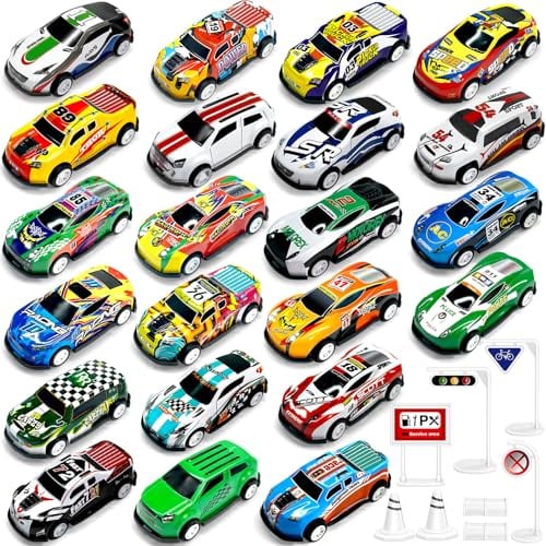 Auto Spielzeug Set, Spielzeugautos Metall, Autos Zurückziehen Fahrzeuge | TOYABI 22 Stück Kleine Spielzeugauto mit 8 Straßensperre, Weihnachten Geburtstag Geschenk für Kinder ab 3 4 5 6 7 8 Jahre
