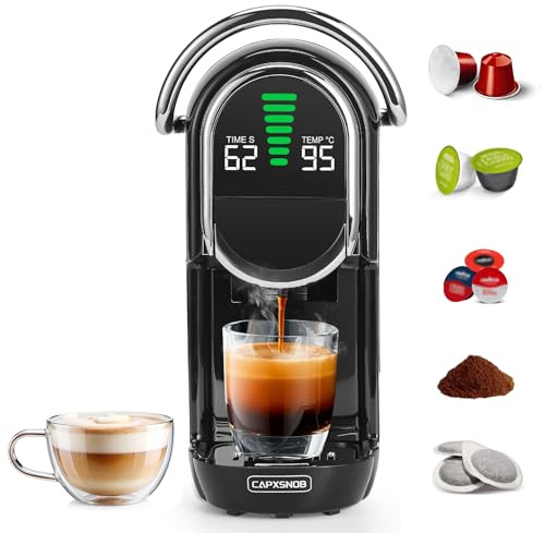 Magician1 Mini 5in1 Kapselmaschine für Nespresso, Dolce Gusto, Lavazza A Modo Mio, ESE-Pad, Kaffeepulver, 20bar, 1450W, LED-Display, 7 Wasserstufen, Heiß-Kalt-Modus Kaffeemaschine für Zuhause und Büro