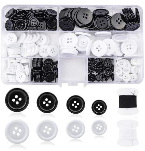 Rybtd Knöpfe Schwarz/Weiß 240 Stück Rund Basis Knopfe, Harzknöpfe mit Vier Ösen, 10/12.5/15/20mm Wäscheknöpfe Set mit Nähgarn set hosenknöpfe