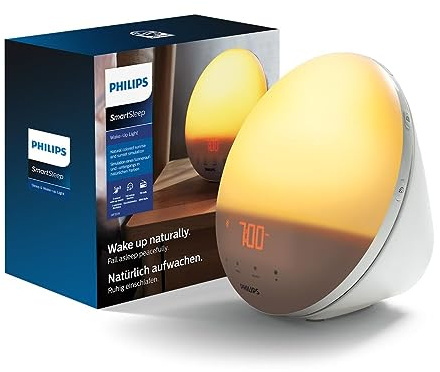 Philips Wake-up Light, farbige Sonnenaufgangssimulation, 20 Lichtstärken, 7 natürliche Klänge, Mitternachtslicht (Modell HF3531/01)
