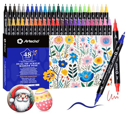 Artecho Acrylstifte Set 48 Farben, wasserfeste Dual Tip Acrylmarker mit 1 mm Feinspitze & 0,5-5 mm Pinselspitze, deckend für Steine, Glas, Holz, Keramik, Leinwand & DIY