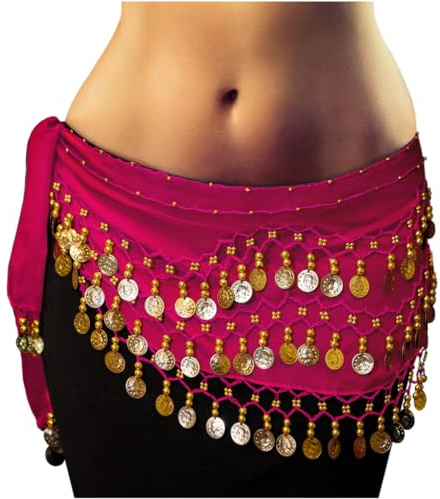 MyBeautyworld24 Belly Dance Bauchtanz Hüfttuch pink Kostüm 128 goldfarbenen Münzgürtel Münzen Gürtel Tanzaufführung