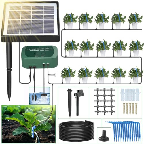 SoulBay Solar Bewässerungssystem mit Timer, Automatische Tropfschlauch Bewässerungssystem Pflanzen Bewässerung Set mit 15m Pumpe für Garten Balkon, Rasen, Topfpflanzen, Gemüse, Gewächshausim
