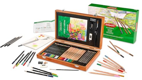 Derwent Academy Mal-Geschenkset in Holzbox, 35-teiliges Kunstset für Einsteiger, ideales Set zum Zeichnen, Skizzieren und Basteln, hochwertiges Malset für Erwachsene oder jugendliche Künstler, 2300147