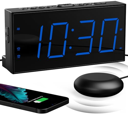 Mesqool Extra Lauter Wecker mit Bettschüttler, Vibrierend für Schwerschläfer, Hörgeschädigte Gehörlose Jugendliche, Doppelt, Großes Display, USB-Ladegerät, Dimmer, Schlummer
