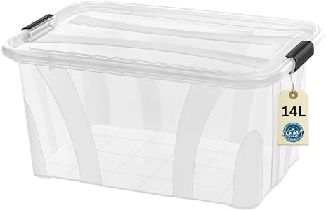 Aufbewahrungsboxen mit Deckel, 7L 14L 21L 32L 55L 80L Plastik Boxen Klickverschluss Stapelboxen 1er/3er Sets Lebensmittelecht Transparent Haushalt & HLKauf-Block (1er 14-Liter & 1x HLKauf-Block)