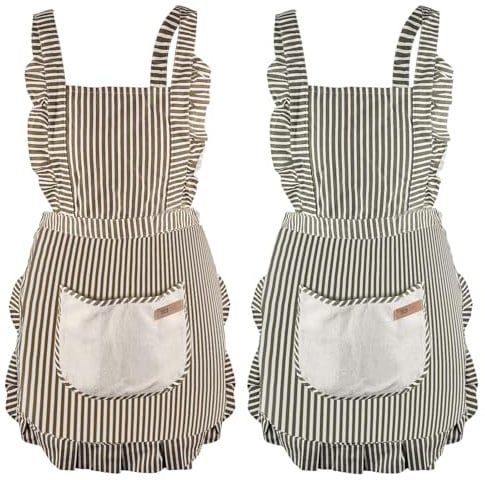 DONGFENGLION 2 Stück Schürze Damen, Küchenschürze Damen mit Spitzen Tasche, Ölbeständig Schmutzabweisend, Kochschürze Damen aus Baumwolle Leinen, Apron für Kochen Backen Grillen, Geschenke für Frauen