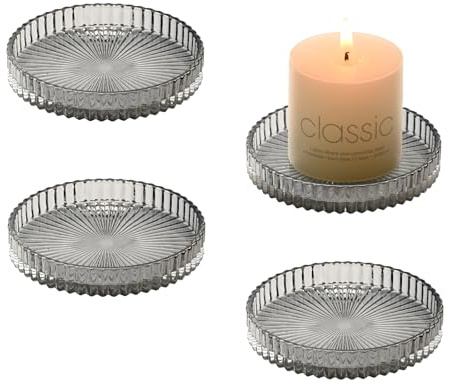 YoHyien 4 Stück Kerzenteller Glas 9 cm, Kerzenuntersetzer Transparent, Kerzenhalter für Stumpenkerzen, Kerzen Untersetzer Rund für Hochzeit Dekoration, Weihnachten, Spa, und Geschenke (Grau)