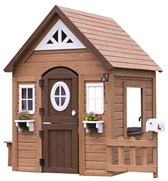 Backyard Discovery Spielhaus Aspen aus Holz | Outdoor Kinderspielhaus für den Garten inklusive Zubehör | Gartenhaus für Kinder mit Fenstern in Braun & Weiß