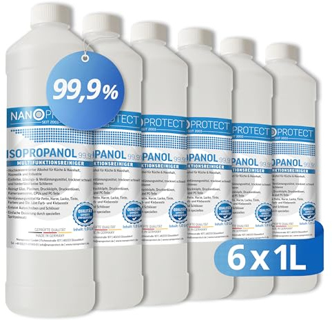 Nanoprotect Isopropanol 99,9% | 6 x 1 Liter Reiniger | Hochprozentiger Isopropylalkohol | IPA Reinigungsalkohol für Haushalt und Elektronik | Made in Germany