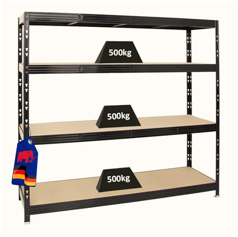 PROREGAL Profi Schwerlastregal Rhino EXTRA BREIT schwarz HxBxT 180x200x60cm Fachlast 500kg 4X Spanplatten-Ebenen 8mm Garagenregal, Lagerregal, Steckregal, Weitspannregal