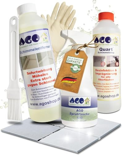 AGO Set 4-teilig Schimmelentferner & Schimmelstop je 500ml/ hochkonzentriertes Anti Schimmel Mittel mit Pinsel & Sprühflasche – stärker als herkömmliche Schimmel Entferner