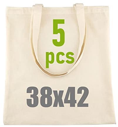 IDEA HOME 5 Stück Baumwolltasche 38x42cm - Jutebeutel Groß - Stoffbeutel Unbedruckt, Personalisierung Möglich – Bestickung oder Bemalung - Stofftasche mit zwei langen Henkeln - Ökotex 100 Zertifiziert