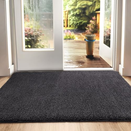 DEXI Fußmatte Innen 60 x 90 cm, rutschfeste Schmutzfangmatte, Maschinenwaschbare Fussmatte, Saugstarke Türmatte, Sauberlaufmatte, Eingangsteppich für Hund, Haustür & Flur, Schwarz-grau