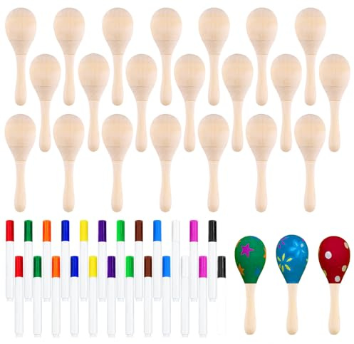 Morcheiong 24 Stück DIY Mini-Holz-Maracas für Kinder mit 24 mehrfarbigen Stiften, Fiesta mexikanische Maracas Mitgebsel, Cinco De Mayo Party-Zubehör Dekorationen