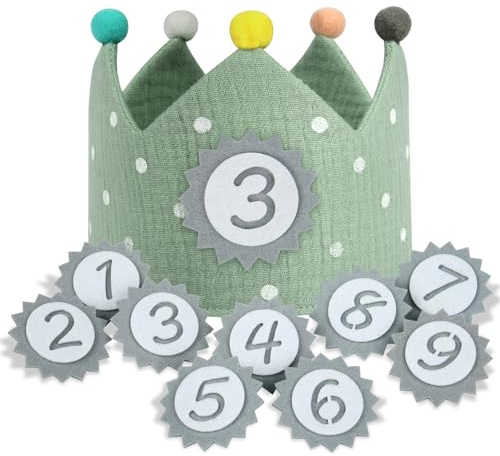 URAQT Geburtstagskrone Kinder, Geburtstagskrone Stoff, Geburtstag Kinderkrone, Krone Geburtstag für Jungs Mädchen mit Happy Birthday Spruchband und Auswechselbaren Zahlen von 1-9 (Grün)