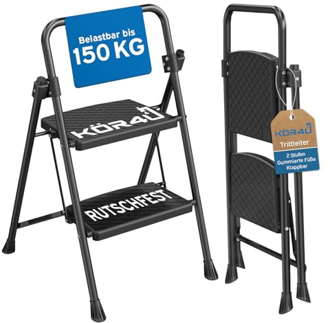 kör4u Trittleiter 2 Stufen, 150kg belastbar, klappbar, rutschfest, schwarz