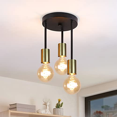 CBJKTX Deckenleuchte Vintage Deckenlampe E27-3 Flammig Retro Küchenlampe | Schwarz-Gold mit 3 Spots Flurlampe Industrial Hängend Deckenspots für Schlafzimmer Esszimmer Küche Flur Wohnzimmer Bar