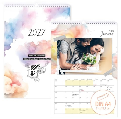 TOBJA® DIN A4 Bastelkalender 2027 Hochformat zum Selbstgestalten – Aquarell Design, 250g Premium-Papier, Ringbindung, flexibel beklebbar – Familien & Pärchen Geschenk | Foto-Kalender DIY