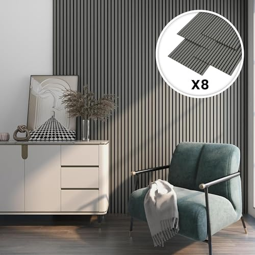 NEU.HOLZ Akustik Wandpaneele Vang 8er Set Wandverkleidung zum Kleben und Schrauben 5,76 m² Holzfurnier 3D Paneele Lamellen in Eichenoptik, hellgrau