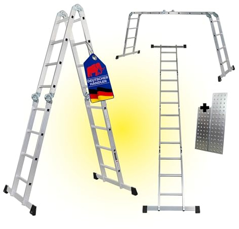 PROREGAL Sprossen-Mehrzweckleiter MULTISTEP, Gerüstplattform 4-teilig Aluminium 4x4 Sprossen 4,6 m Höhe Traglast 150k g Arbeitsgerüst Stehleiter Anlegeleiter