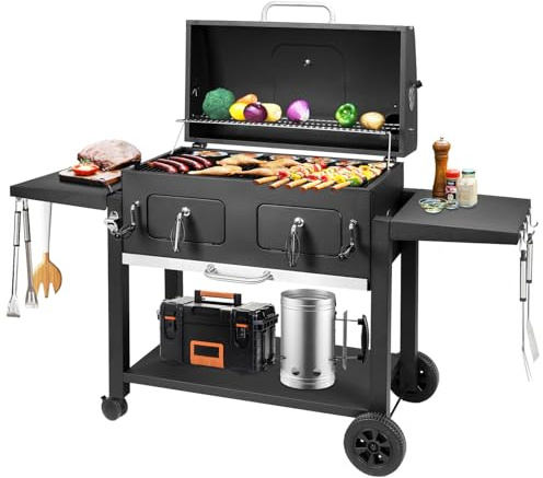 Grillwagen XXL Holzkohlegrill mit Deckel, BBQ Smoker Grill Rädern, Edelstahl-Griff, Grillrost und Thermometer, Standgrill, Kohlegrillwagen 154.5 x 89 x 122 cm