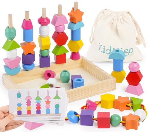 KidMigo 3-in-1 Fädelspiel ab 3 Jahre, Motorikspielzeug 3 Jahre mit Ablagefach und Karten, Holz Sortier und Stapelspielzeug, Montessori Spielzeug ab 3 4 5 Jahre