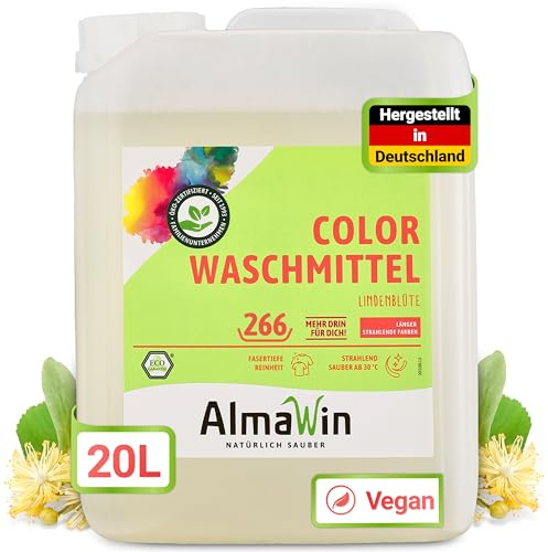 AlmaWin® Colorwaschmittel flüssig [20 L – 266 Ladungen], Kanister, vegan | Flüssigwaschmittel & Buntwaschmittel für Buntwäsche und farbige Textilien, Farbschutz, 30–60 °C, blumiger Lindenblütenduft
