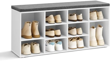 VASAGLE Schuhbank, Schuhregal mit Sitzfläche, Sitzbank mit Stauraum, gut gepolstert, Flurbank mit 10 Fächern, verstellbaren Ablagen, für Schlafzimmer, 30 x 104 x 48 cm, weiß-grau LHS10WT