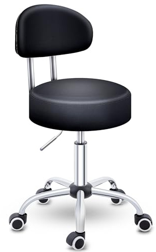 TRESKO® Rollhocker mit Lehne höhenverstellbar 10cm Dicke Polsterung Drehbar | Hocker 46-58cm | Arbeitshocker Bürohocker 360° mit Rollen | Drehhocker für Büro, Werkstatt, Kosmetik, Friseur, Praxis