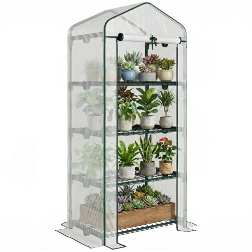 Outsunny Gewächshaus mit Regale Rolltor 70 x 50 x 160 cm Weiß+Grün | Winterfest, Foliengewächshaus, Treibhaus, Tomatenhaus, Tomatengewächshaus, für Tomaten Gemüse Blumen Pflanzen