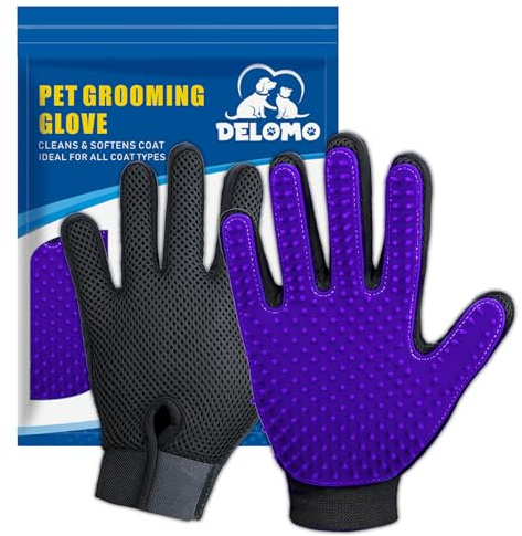 Fellhandschuhe Katze, Haarentferner für Hunde & Katzen, Kurz- und Langhaar | Katzenhaar-Handschuh mit 255 Silikonnoppen, sanfte Fellpflege und Massage, trocken oder beim Baden, waschbar, 1 Paar (Lila)