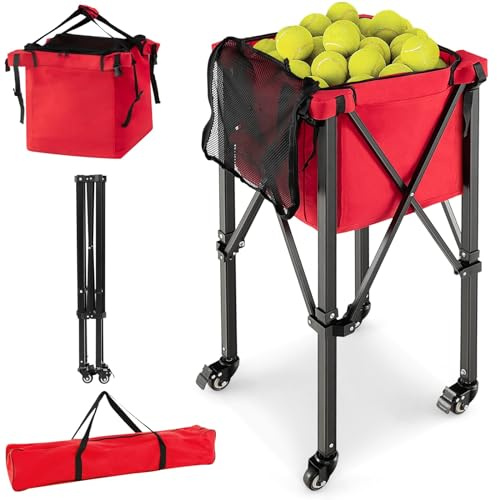 GYMAX Tennisballwagen faltbar, Ballwagen mit Aluminiumrahmen & Tragetasche, Tenniswagen bis 30 kg belastbar, Transportwagen für Tennisball, Baseball & Pickelball