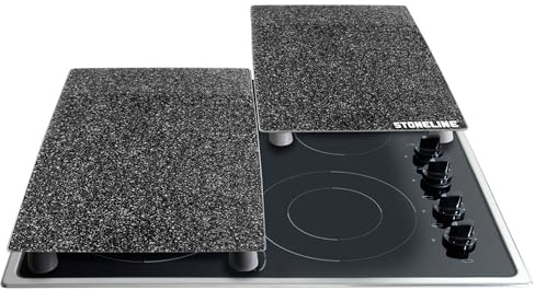 STONELINE® Herdabdeckplatten/Schneideplatten-Set aus schlagfestem und hitzebeständigem Glas, 2-teilig, 52 x 30 x 0,5 cm, mit auswechselbaren Füßen für verschiedene Verwendungsmöglichkeiten, schwarz