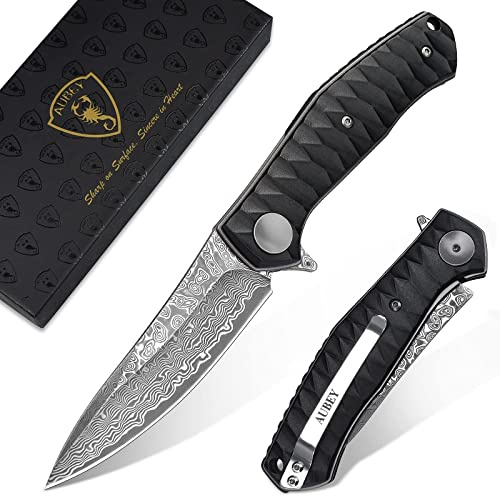 AUBEY Damast Taschenmesser mit Clip, Scharf Damastmesser Klappmesser mit Damaststahl Klinge, Flipper, Aluminium Griff, Geschenkbox - EDC Messer Einhandmesser für Outdoor Sammeln
