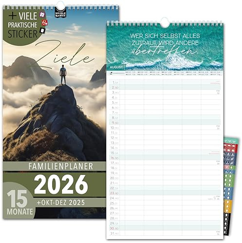 Familienkalender 2026 5 Spalten ZIELE Familienplaner 2026 mit STICKER Urlaub Recycling Ferien Wandplaner 2026 Wandkalender 23 x 43cm inkl. Okt-Dez 2025, Pflanzkalender, Motivation Sprüche Mut