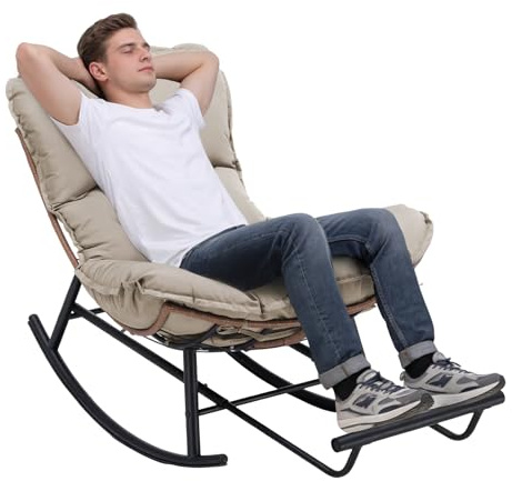 COMHOMA Schaukelstuhl, Schaukelsessel, Relaxsessel, Stahlgestell, ausziehbare Fußstütze, abnehmbares Kissen, bis 136 kg belastbar, Schlaf-, Wohnzimmer, Terrasse, Garten, beige